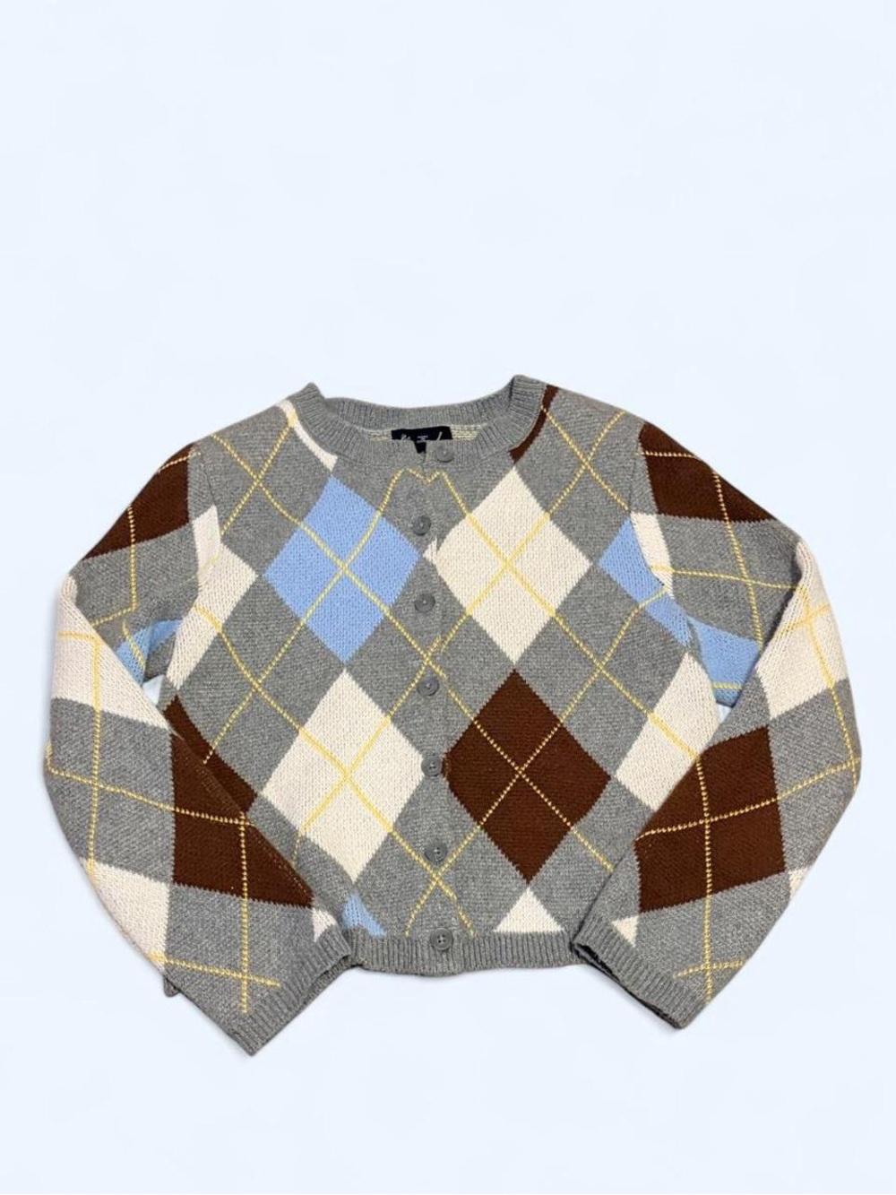 Marled Argyle Button-Up Cardigan - Gray, Brown & Light Blue
